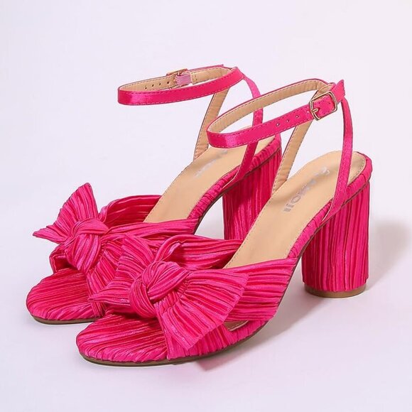 🆕 Women Pink Ankle Strap Bowknot Chunky Wedding Party Dress Shoes Heeled Sandal - Picture 2 of 9
